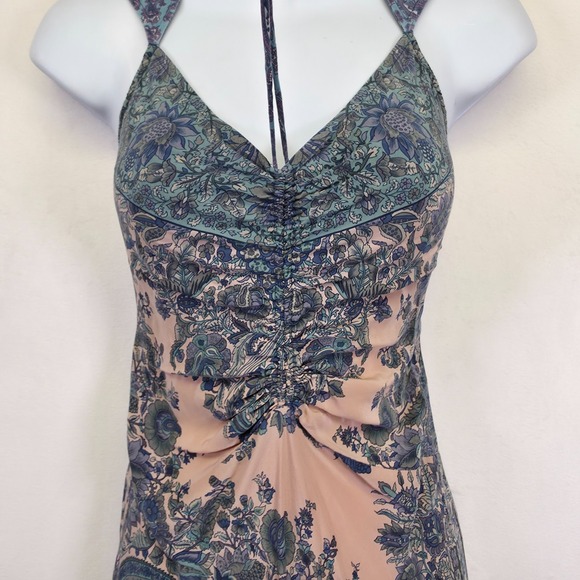 Plenty Dress Womens 4 Blue Pink Silk Chiffon Floral Paisley Ruched Timeless Midi - Picture 15 of 16